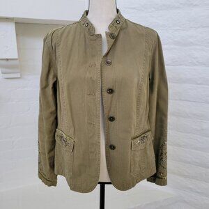 Womens Jacket Blazer Coat Small Army Green Boho Beaded Button Cotton Utility